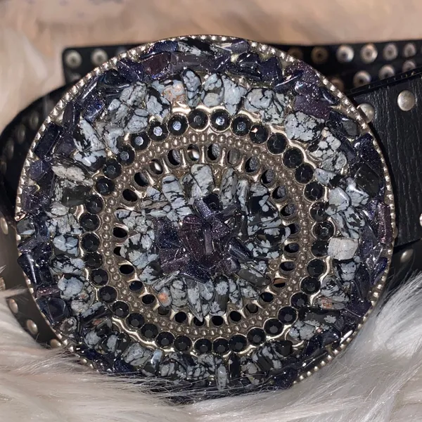 Black Studded Leather Belt with Decorative Round Buckle - Image 2