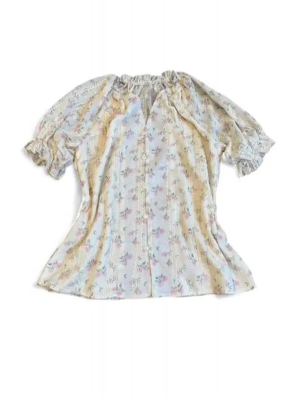 Cream Pink Floral Embroidered Puff Sleeve Blouse Cottagecore Feminine Victorian - Image 2