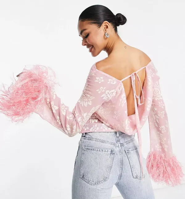 ASOS NWT DESIGN sheer floral jacquard cowl neck top with faux feather trim sleeves in pink. Size 12 - Image 2