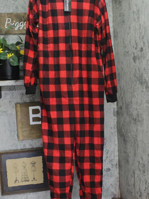 NWT #followme Onepiece Pajama with Zip and Pockets Buffalo Plaid Red Black M - Image 2