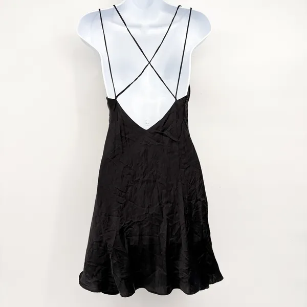 Womens Y2K Black 100% Silk Strappy Back Whimsigoth LBD Minimalist Slip Dress M - Image 5