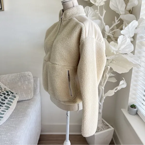 Madewell Faux Shearling Cream Cropped Half Zip Pullover Teddy Jacket - Image 6