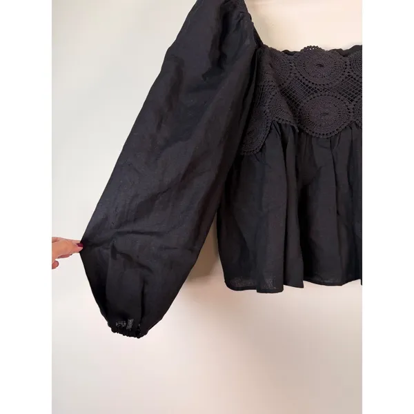 Free People Black Crochet Lace Inset Square Neck Whimsigoth Babydoll Blouse L‎ - Image 7