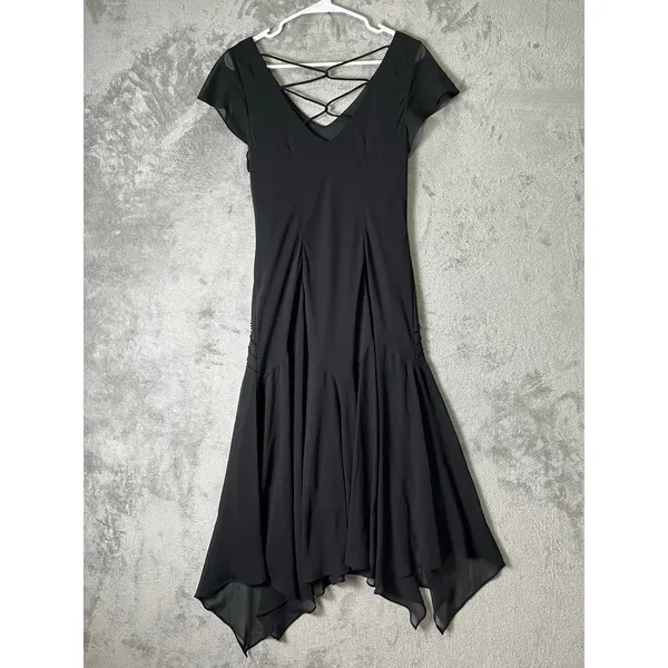 Vintage Whimsigoth Black Beaded Handkerchief Hem Strappy Back Midi Dress Size S - Image 3