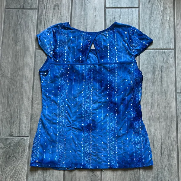 Blue Sequin Fitted Cap Sleeve Top Size L - Image 5