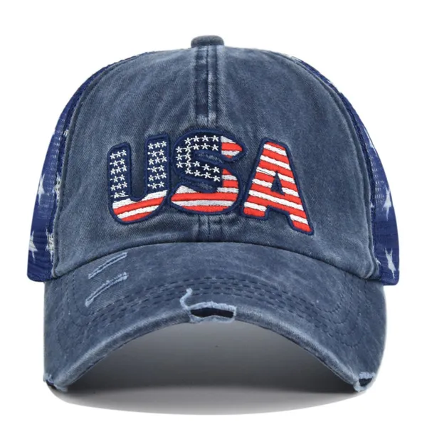 Blue USA American Flag Trucker Cap - Washed Distressed Embroidery - Adjustable - Image 2