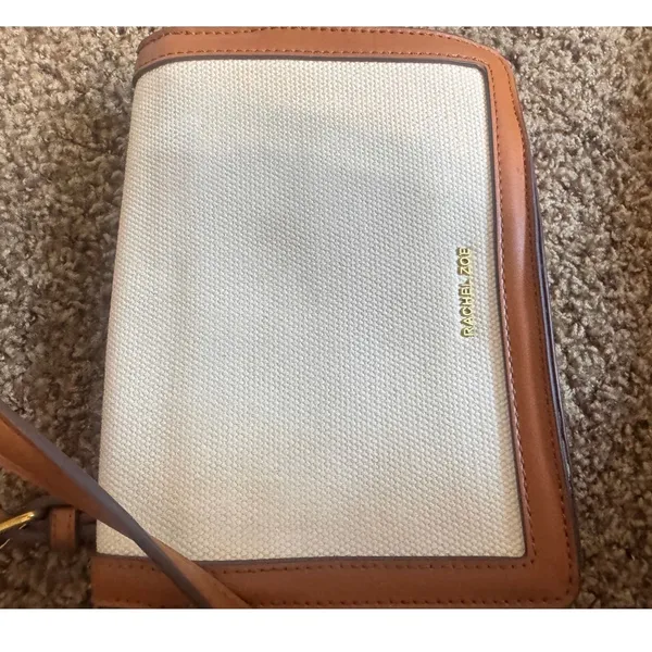 Rachel Zoe Small Crossbody Bag Leather Canvas Cream Brown Gold Turn-Lock - Image 4