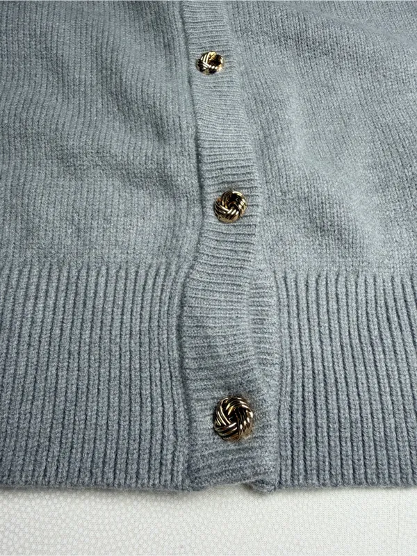 Women’s S Gray Cashmere Blend Cardigan Sweater Gold Knot Buttons Quiet Luxury - Image 8