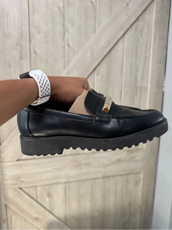 Franco Sarto Black Leather Platform Loafers with Crystal Chain - Image 2