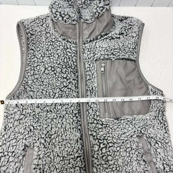 Abercrombie & Fitch Vest Women Small Sherpa Fleece Jacket Gray Leather‎ Pocket S - Image 9