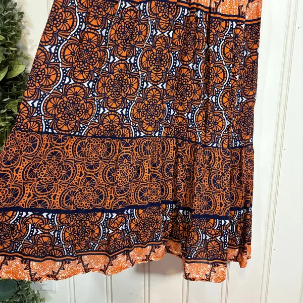 AQUA Hippie Boho Orange Navy Blue Strappy Maxi Dress SMALL Feminine - Image 5