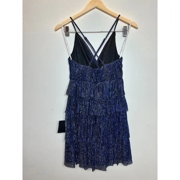 Lulus Tiered Mini Dress Womens Size Medium Blue Silver Metallic Pleated Cocktail - Image 5