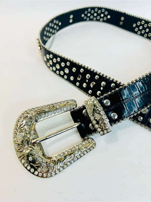 Western Black Leather Belt with Crystal Studded Rhinestones, Engraved Buckke - Image 10