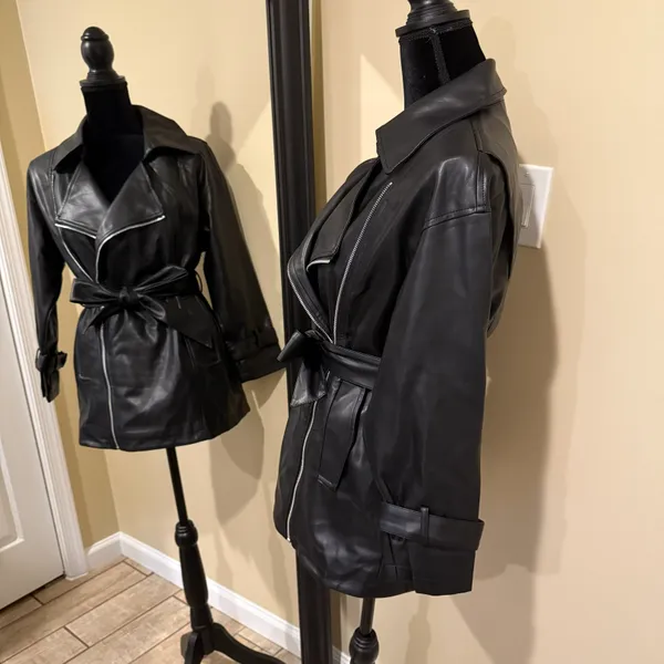 Faux leather jacket pu leather coat trench parka fall coat motorcycle jacket Black Size XS - Image 2
