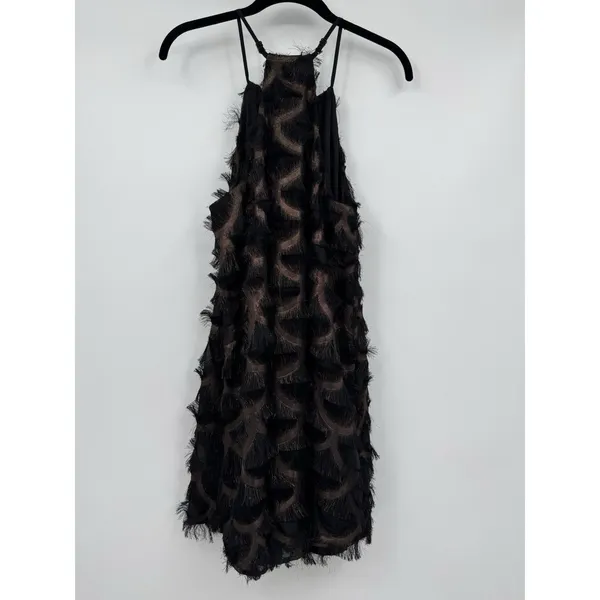 TCEC Women’s Green Rose Gold Metallic Halter Dress Size M Feather Tassel Party - Image 2