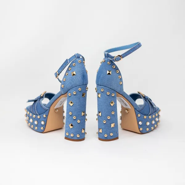 NW Azalea Wang Evgenia Denim Platform Studded Embellished Sandals Heels Blue 6 - Image 3