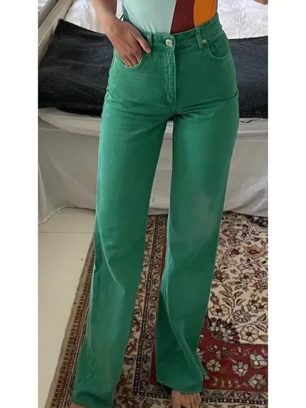 Zara Jeans Size 0 Green High‎ Rise Wide Leg Raw Hem Baggy Colored Denim Earthy - Image 11