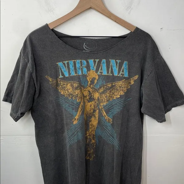 NIRVANA Angel Graphic Tee Gray and Gold size M/L neckline cut out - Image 3