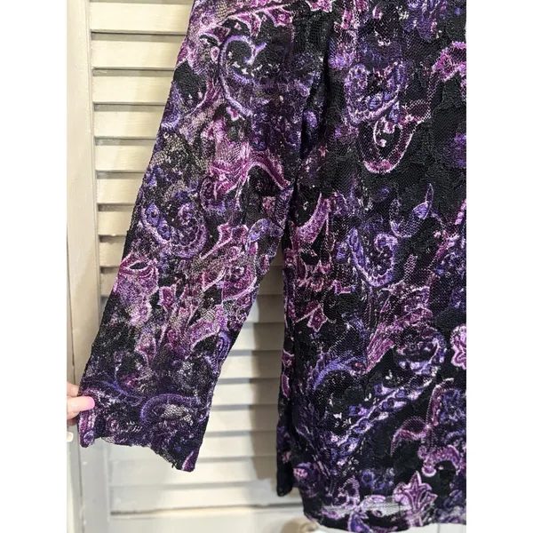 White‎ Stag Purple/Black Lace 3/4 Sleeve Blouse Size L Lined Round Neck Boho - Image 4