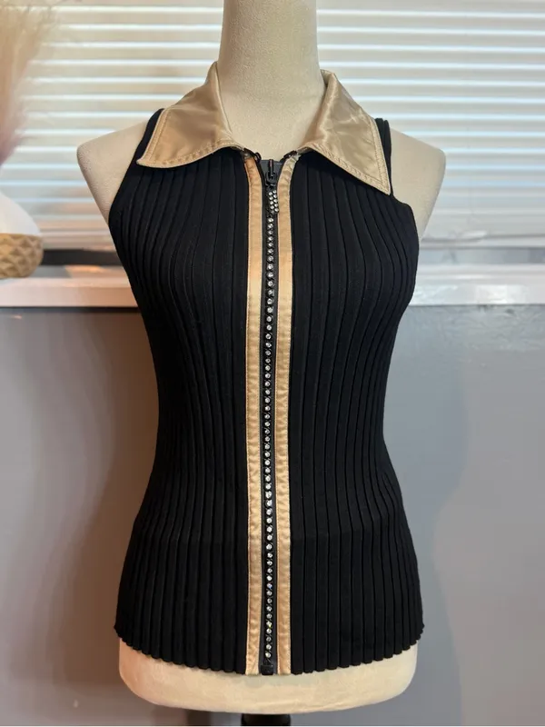 Belladimi Black Ribbed Rhinestone Zip Satin Collar Top Size M Y2K - Image 3