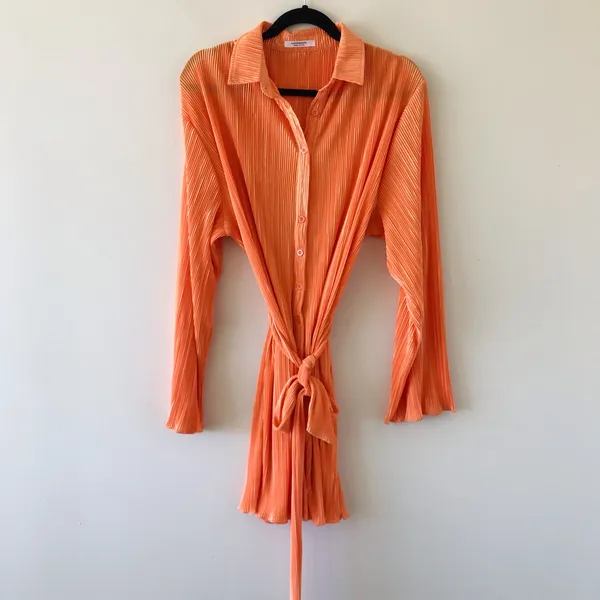 Peppermayo Soho Chic Shirt Plisse Dress, Tangerine, Size Small - Image 5