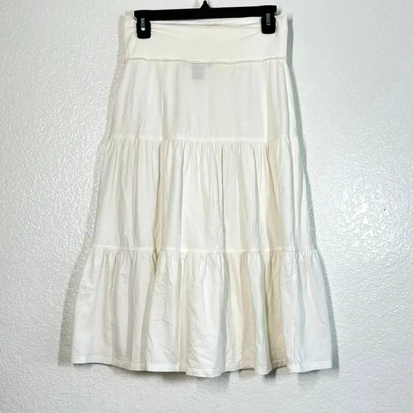 Ann Taylor Skirt XS Midi Tired Full White Ruffle Women's Basic Capsule Cotton Elastic Waist - Image 3