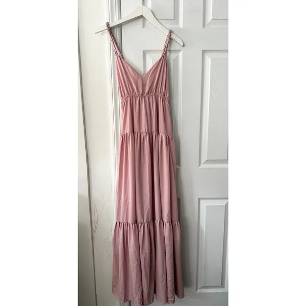 Lulu’s Sunshine Bound Mauve Blush Pink Tiered Tie Braid Maxi Dress Small Wedding - Image 3