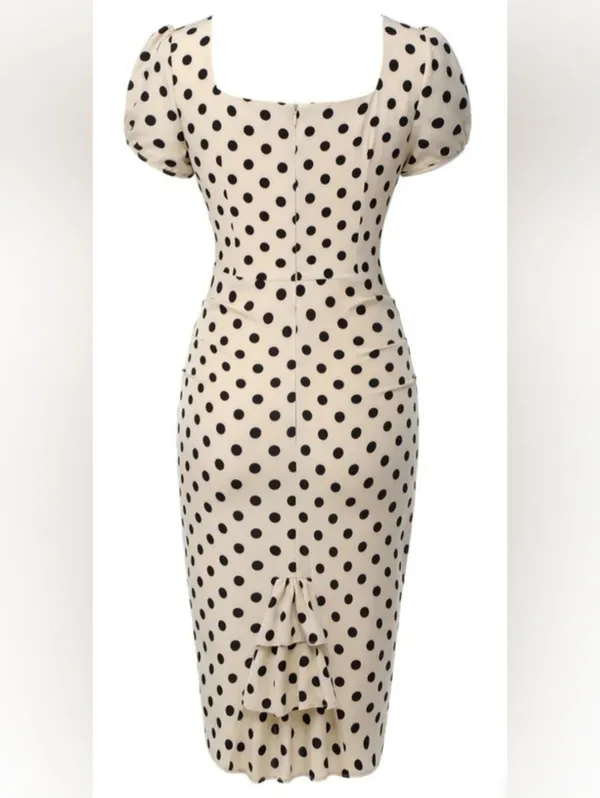 Retro Stage 60's Style Polka Dot Puff Sleeve Dress in Beige and Black, Size 2XL - Image 2
