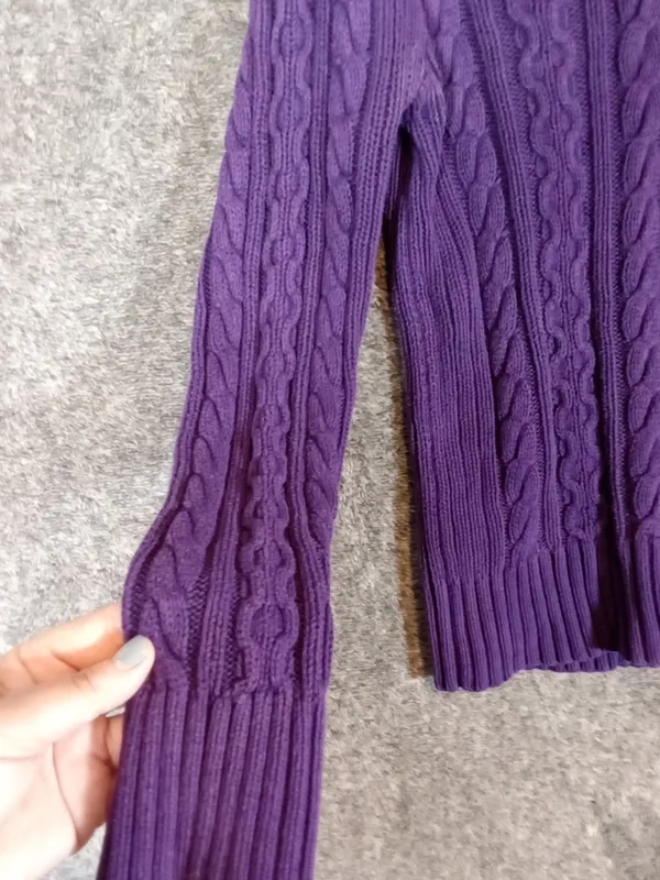 Ralph Lauren Purple Zip-Front Cable Knit Sweater Cotton High Neck Womens S - Image 3