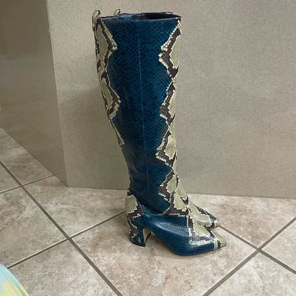 Sam Edelman Hai Knee High Boots Teal Blue Snakeskin Embossed Pointed Toe 5.5M‎ - Image 3