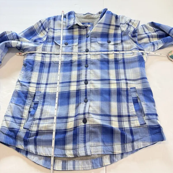 LL Bean Blue Plaid Fleece Lined Flannel Snap Shirt Jacket Shacket SMALL - Image 7