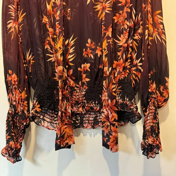🍁 Warm New York‎ Floral Semi Sheer Neck Tie Blouse Burgundy Long Sleeve Elastic - Image 5