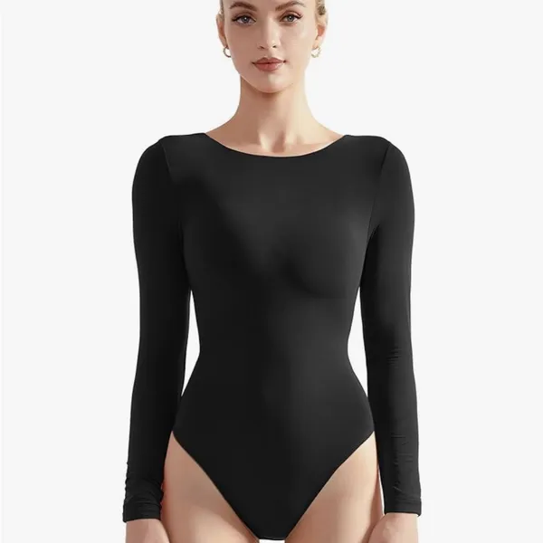 Boat Neck Long Sleeve Sexy Thong Bodysuit - Image 2