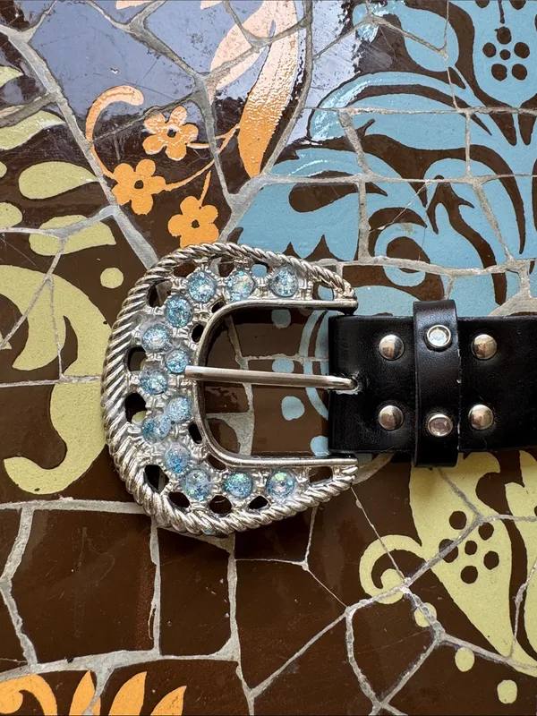 Studded Black Faux Leather Belt with Decorative Accent Buckle Sz: M - Image 4