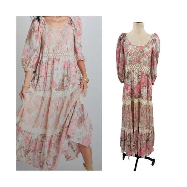 LoveShackFancy Evren Floral Lace Trim Puff Sleeve Cotton Maxi Dress Pink Small - Image 2