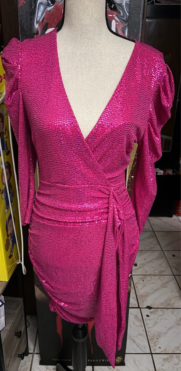 GIBI LI V-Neck 3/4 Puff Sleeve Sash Sequin Fushia Min... - Image 2