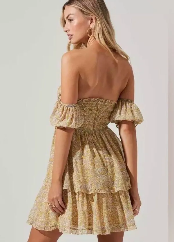 ASTR The Label Women’s Off Shoulder Two Tier Yellow Floral Mini Dress Medium - Image 2
