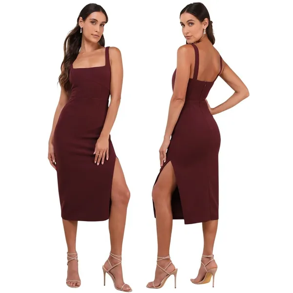Lulus Vibrant Allure Plum Square Neck Bodycon Midi Dress CD3727 Purple Size L - Image 2