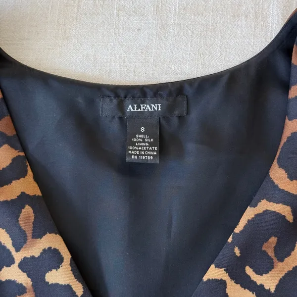 Alfani Womens 100%‎ Silk Leopard Print V-Neck Pleated A-Line Dress Brown Black 8 - Image 5