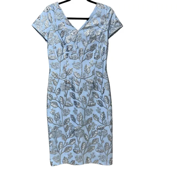 JS‎ Collections Womens Light Blue Silver Sequin Leaf Sheath Dress Size 6 8617397 - Image 2