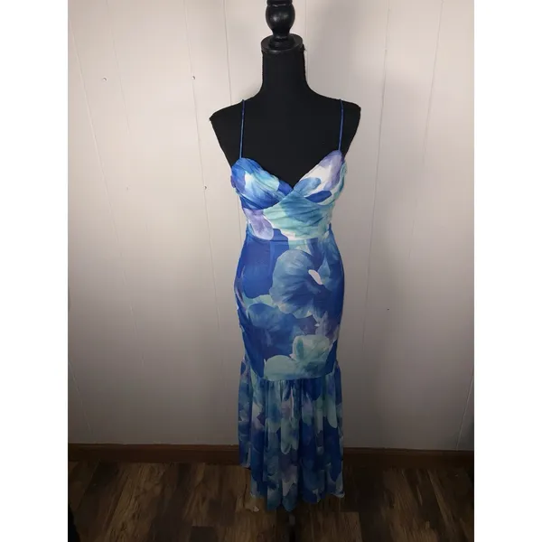Here‎ Comes The Sun Sunni Low Back Midi Dress Floral Blue Xs Fit & Flare - Image 2