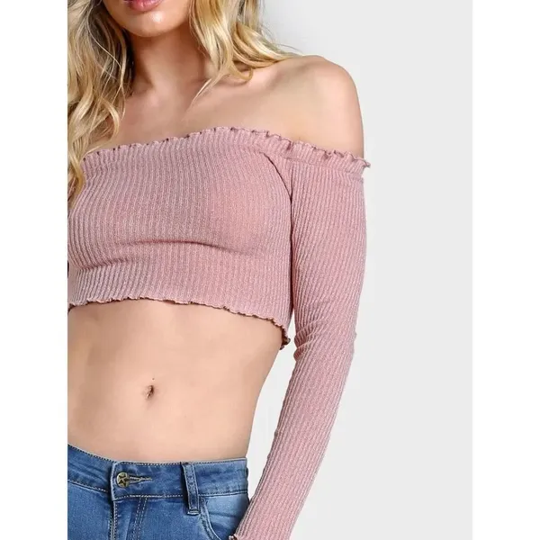 ✨HP✨Pink Rib Knit Lettuce Edge Crop Bardot Top✨ - Image 4