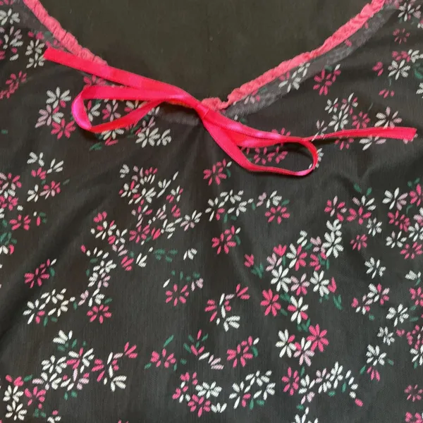 90s/00s Black Floral Fairycore Top w/ Pink Ribbon Ties‎ Sz xs - Image 4