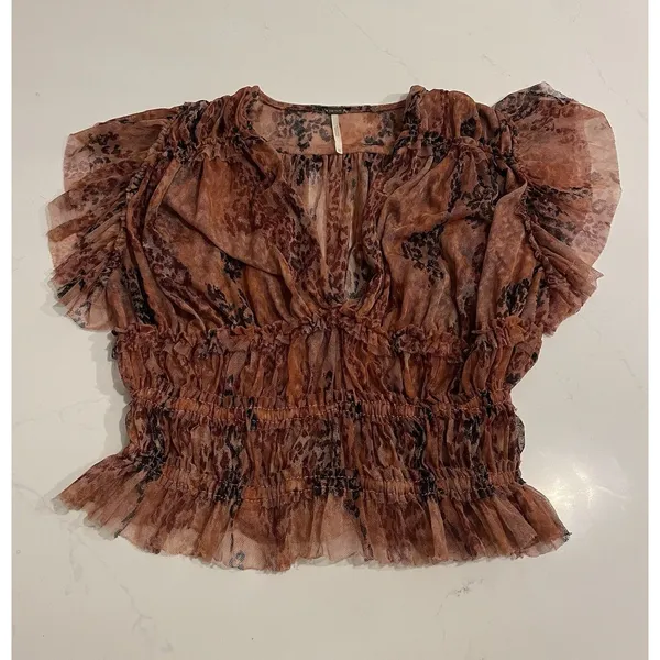 Free People Make Me Smile Floral Mesh Flutter Sleeve Crop Top XSmall - Image 2
