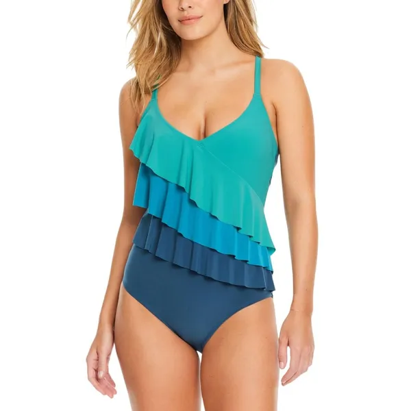 Beyond Control Ruffle-Tiered Color-Block One Piece Swimsuit Blue / Green 12 - Image 6