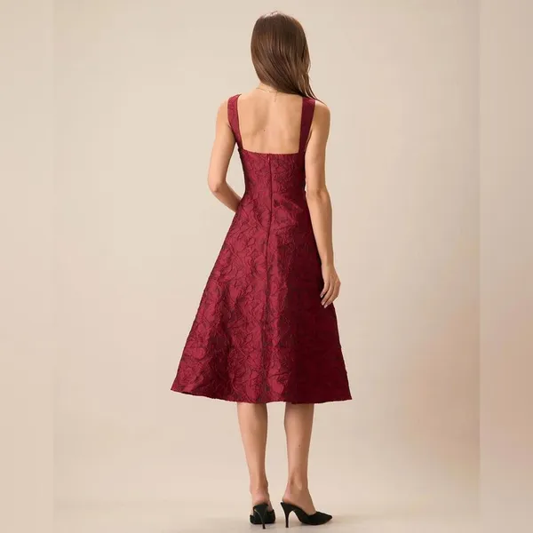 RIHOAS The Red Sweetheart Neck Jacquard Midi Dress M - Image 2