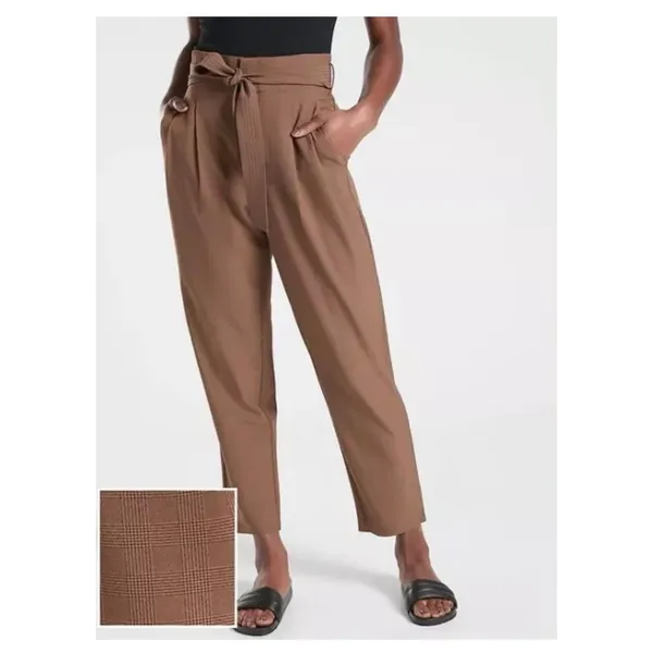 Athleta Skyline Plaid Pants Size 2 Brown Paperbag Tie Casual Lightweight - Image 3