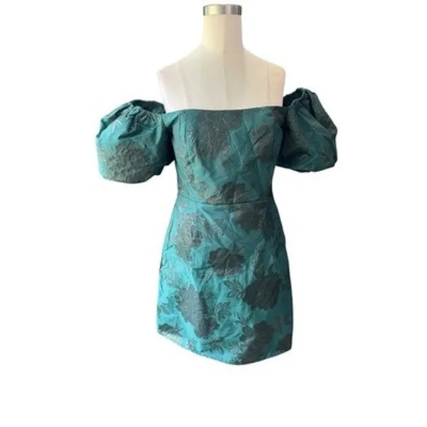 Altar'd State Skylar Emerald Green Floral Jacquard Puff Sleeve Mini Dress NWT M - Image 4