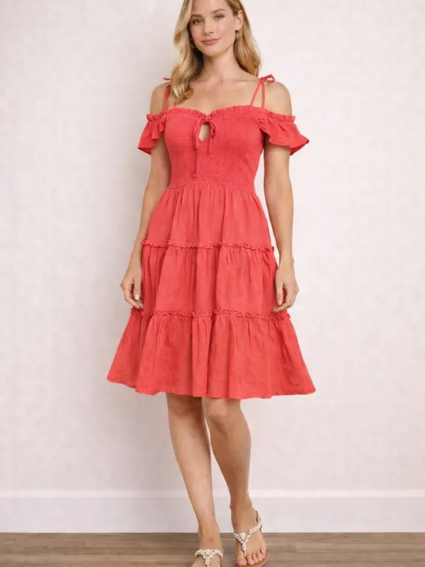 Mi ami Coral Red Off-Shoulder Tiered Midi Skirt - Image 5