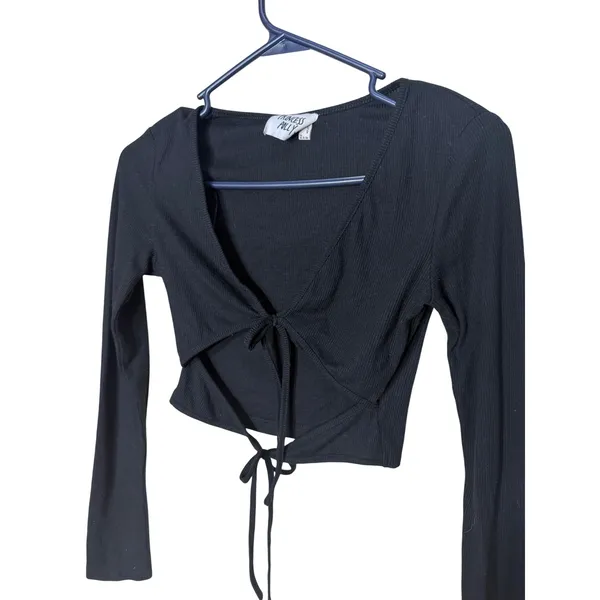 Princess Polly Black Ribbed Tie Front Long Sleeve Cut Out Crop Top Womens US 4 - Image 2